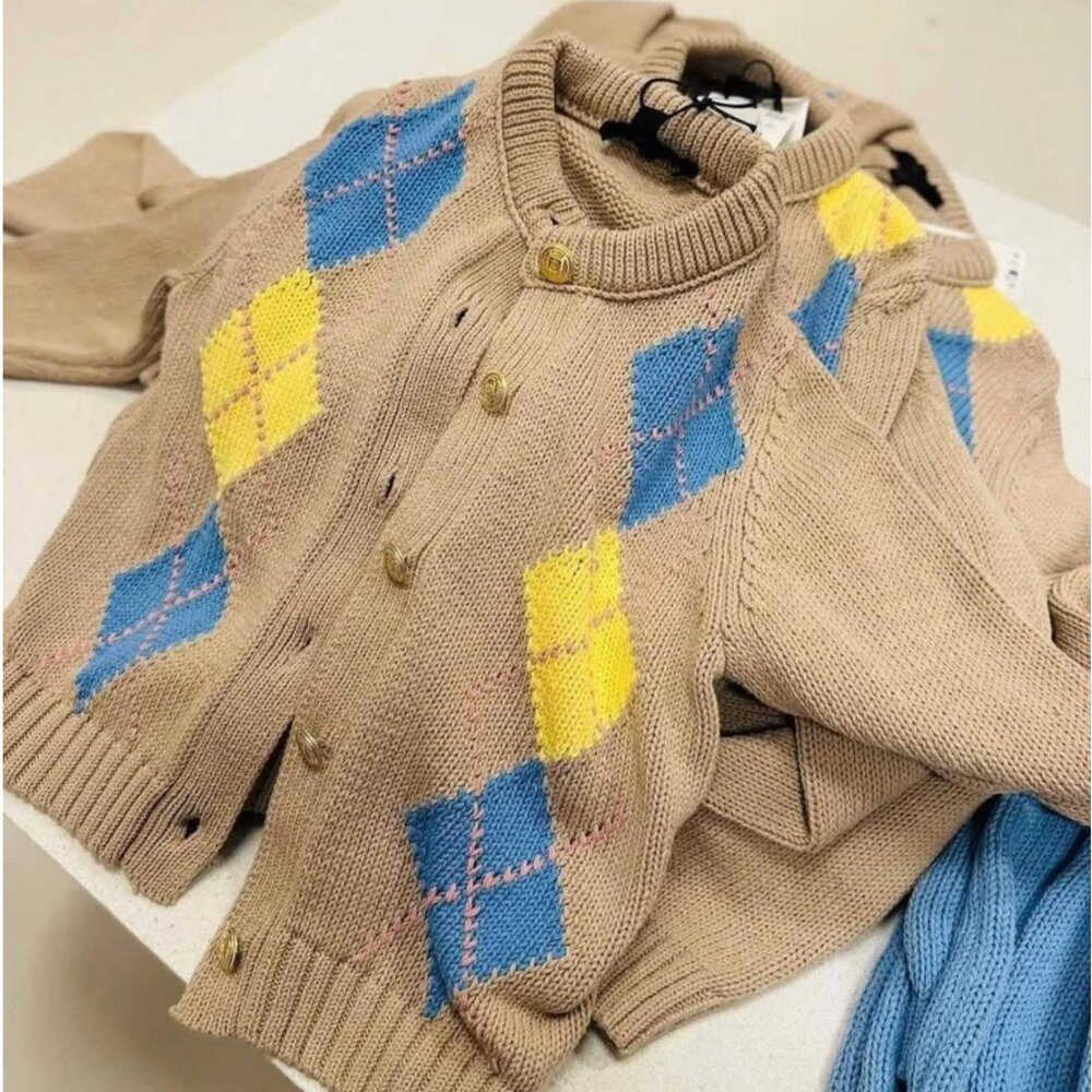 ZARA ZW WOMAN KNIT ARGYLE CARDIGAN SMALL S 6426/018 NEW NWT 100% COTTON